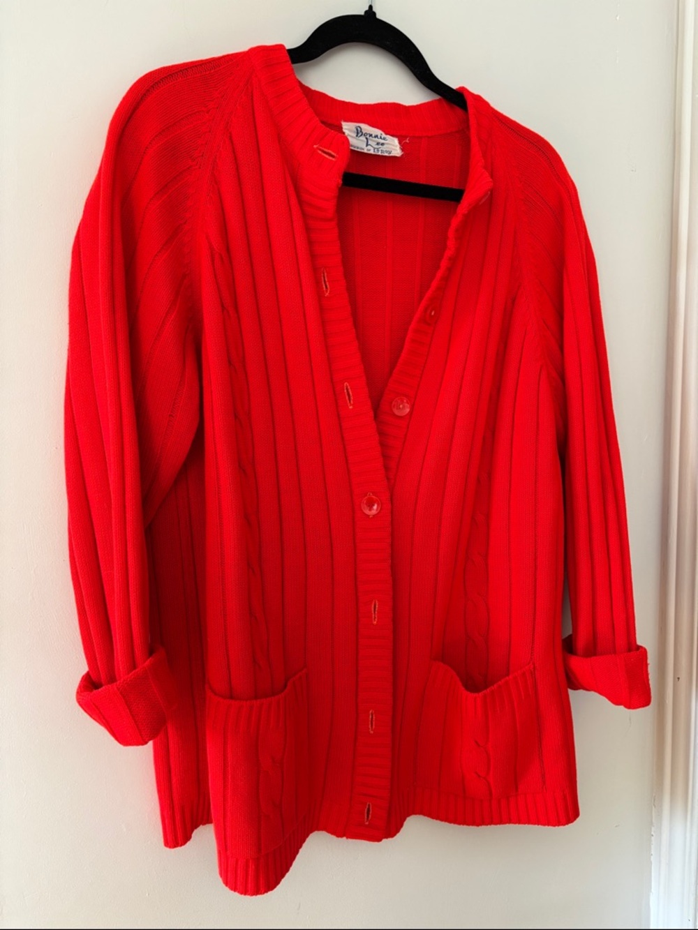 Bright Red Ribbed Button-Front Women's Cardigan - Picture 2 of 3